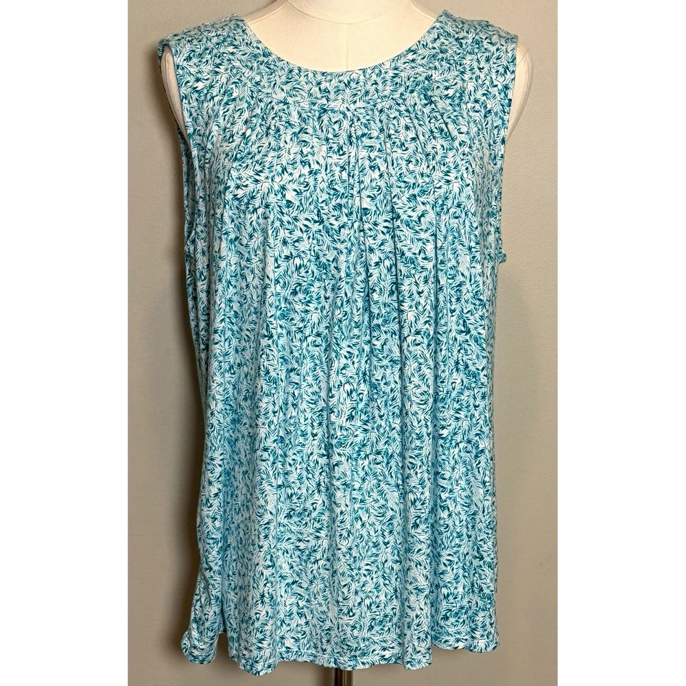 Croft & Barrow Blue White Floral Pleated Knit Stretch Tank Top Women L Perfect